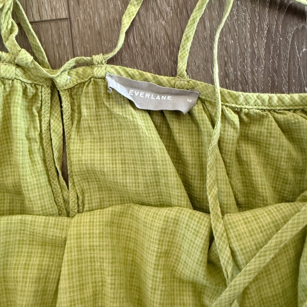 Everlane Billow Midi Dress Chartreuse Green Gingham Tiered Cotton Strappy Medium - Picture 3 of 6